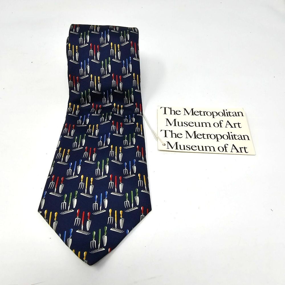 Metropolitan Museum of Art Mens Navy Garden Tool Print Silk Necktie Park Lane